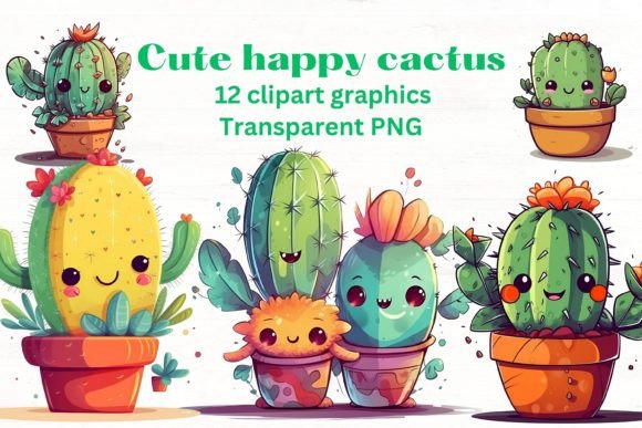 CUTE HAPPY CACTUS Floral Clipart Set: Infusing Whimsy into Your Designs