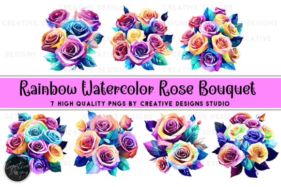 Rainbow Watercolor Rose Bouquet Graphics for Designers