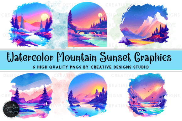 Watercolor Mountain Sunset Graphics for Creative Projects