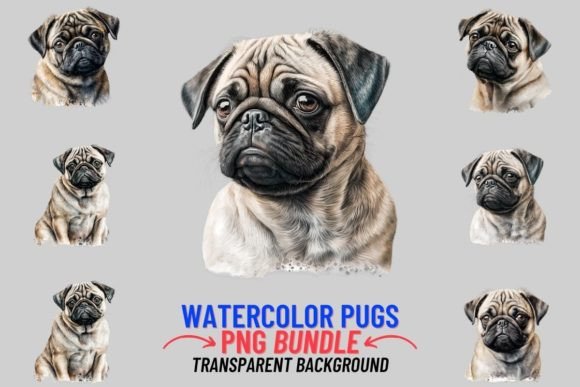 Watercolor Pug 8 PNG Clipart Bundle: Creative Design Assets